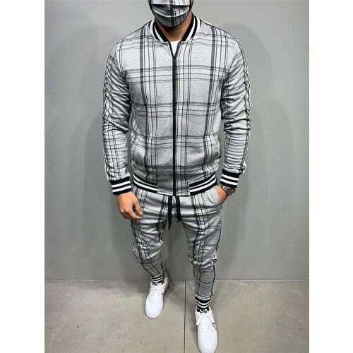 Men Spring And Autumn Large Size Loose Fashion Casual Sportswear Checkered Cardigan Zipper Collar Jacket Trousers Two Sets