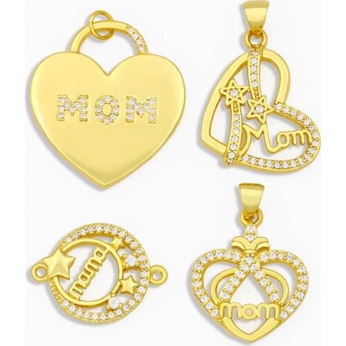OCESRIO Polished Gold Heart Necklace Charms for Jewelry Making CZ Bulk Mom Mama Pendant Charms for Jewelry Wholesale pdta224