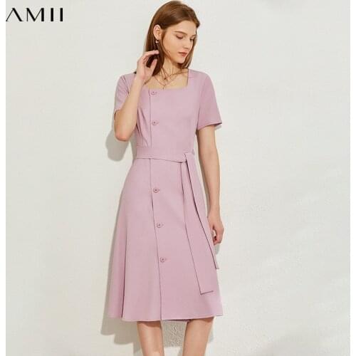 AMII Minimalism Spring Summer Solid Square Collar Women Dress Single-breasted Belt Knee-length Female Dress 12030168