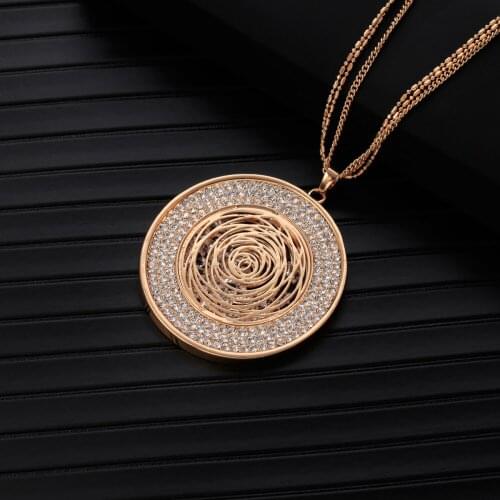 Full Clear Crystal Round Necklaces & Pendants Gold Hollow Long Chains Sweater Necklace Women Statement Jewelry Dropshipping 2021