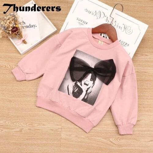 Thunderers Spring Autumn Long Sleeve Girl Shirt Big Bow Printed Kids Sweaters Elegant Children Blouses Cotton Girl Clothes