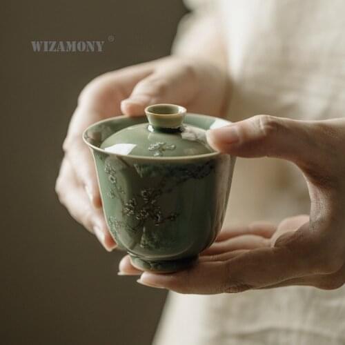 WIZAMONY 120ml Yue kiln green porcelain bell dark incense cover bowl kung fu tea with bubble tea bowl thin tire hand Japanese