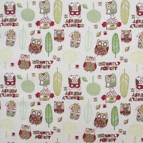 1 yard Cotton Twill Fabric for sewing pathwork, cloth, bedding - Owl and feather (green) (width=160cm)