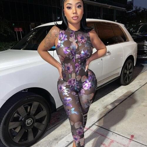 BKLD One Piece Outfit Women Spring New Floral Printed Mesh Sleeveless Backless Hollow Out Long Pants Jumpsuit Sexy Clubwear