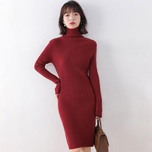 Longer Dress New Fashion Women Cashmere Sweater 100% Pure Wool Turtleneck Knitted Pullove Dresses Winter Striped Long Sweater