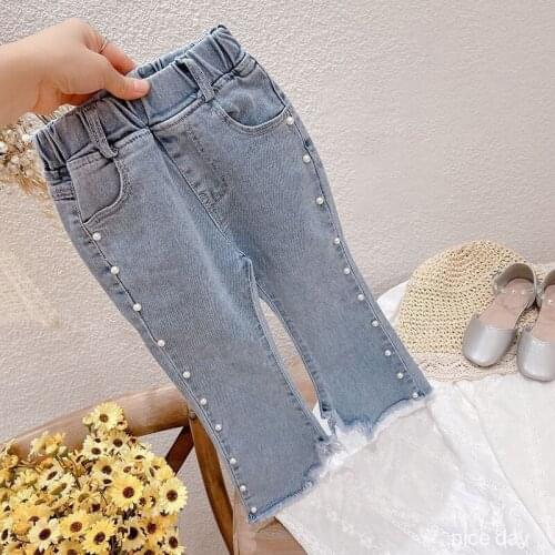 Hollead Baby Girl Jeans 2021 New Pearls Decor Kids Cowboy Pants Childrens Spring Autumn Jeans Girls Casual Trousers Clothes