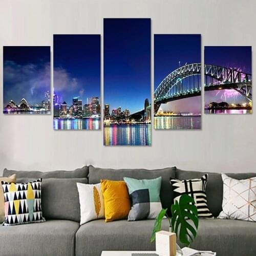 Sydney Harbour NYE Fireworks 5 Split Panel Landscape Posters Canvas Wall Art Canvas Painting Wall Pictures for Living Room Decor