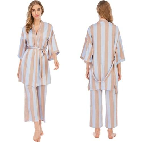 Summer Ice Silk Striped Robe Suspender Dress Nine Point Pants 3Psc Set Woman Pajamas Ladies Kimono Sleepwear Home Pijama Clothes