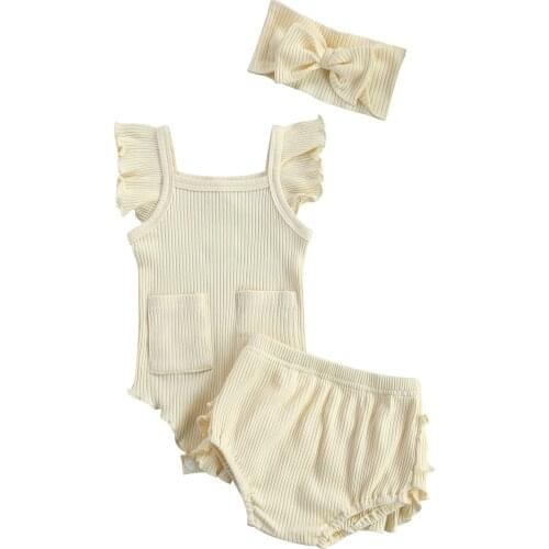 Baby Newborn Girls Three Piece Outfits Solid Fly Sleeves Square Collar Romper Ruffle Shorts Headband Infant Toddler Sets 0-18M