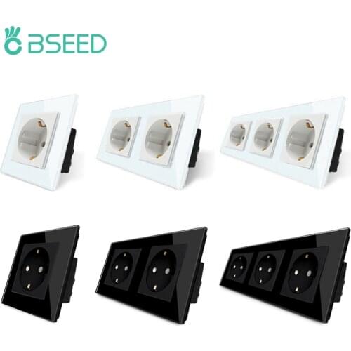 BSEED EU Standard Single Power Socket 16A Double Outlets Triple Electric Socket Wall Plugs 2Pack Crystal Galss Panel 110-250V