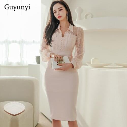 High Waist Pencil Dress 2021 Spring Pink Shirt Collar Sexy See-Through Lace Puff Sleeves Elegant Womens Tight Office Dress