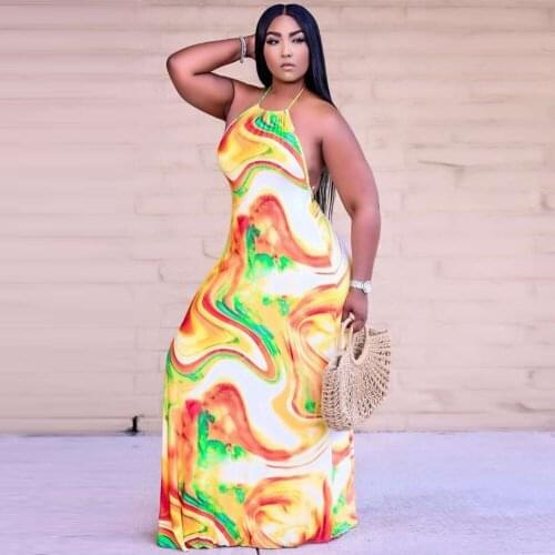 Off The Shoulder Tie Dye Print Holiday Maxi Dress Women Halter Neck Backless Bohemian Dress Summer Fit and Flare Beach Dresses