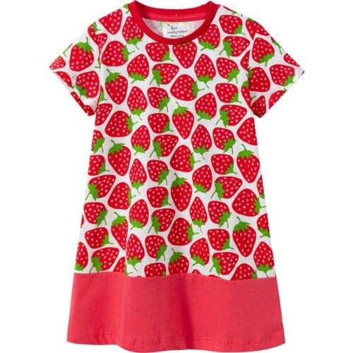 Girls O-neck Short Sleeve Casual Red Strawberry Print Summer A-line Dresses with Pocket 100% Cotton Streetwear Top Dresses