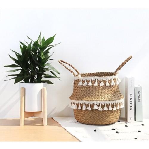Seagrass Hand-woven Macrame Storage Basket Plant Wicker Baskets Garden Flower Vase Foldable Pot with Handle Storage Basket