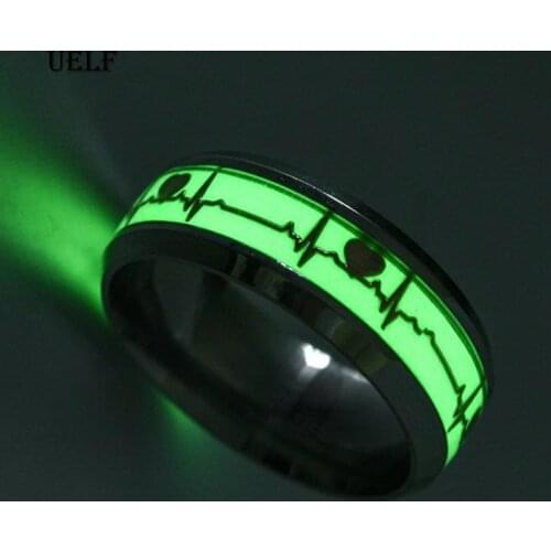 Uelf Luminous ECG Ring Stainless Steel Ring Promise Heartbeat Ring Glowing Jewelry for Men Women