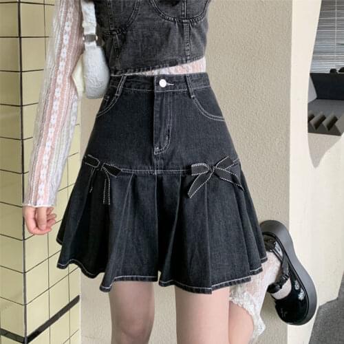 Sweet Bow Denim Shorts Skirt Women Summer 2021 Ladies High-waisted Pleated Skirts Korean Fashion Jeans Skirt Y2K Woman Clothes
