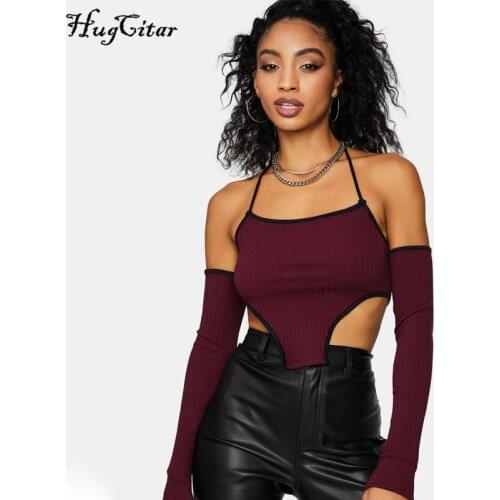 Hugcitar 2021 Long Sleeve Halter Bandage Sexy Crop Top Summer Women Fashion Streetwear Outfits Tshirts Tees