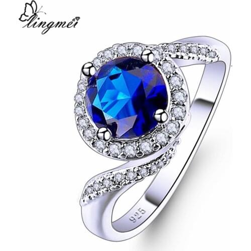 Lingmei Wedding Band Fashion Round BlueBlack Zircon Silver Color Engagement Ring for Women Anniversary Party Jewelry Size 6-13