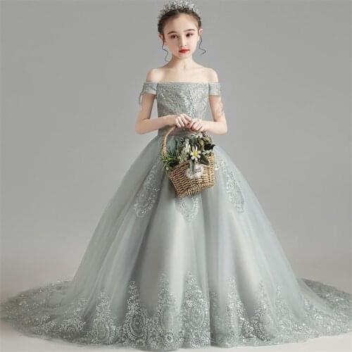 3~14T Children Girls Luxury Exquisite Design Shoulderless Evening Party Birthday Long Tail Dress Kids Model Show Catwalk Dress