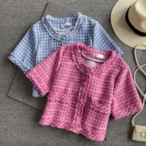2021 Summer Women Vintage Tweed Short Coat Ladies Short Sleeve Plaid Crop Top Casual Slim Woolen Jackets Coat Female Outwear