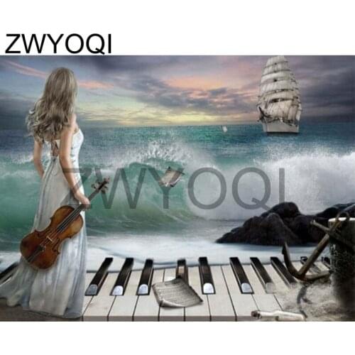 DIY 3D Diamond mosaic seaFull Round Diamond embroidery Cross stitch piano violin Full Square Diamond painting piano violin ferry