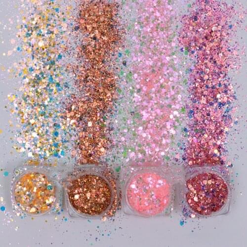4 Bottles Chunky Iridescent Cosmetic Opal Glitter 1-2g/Bottle Peach/Pink Mixed Size Hexagon Resistant Dust Nail Art Glitter H