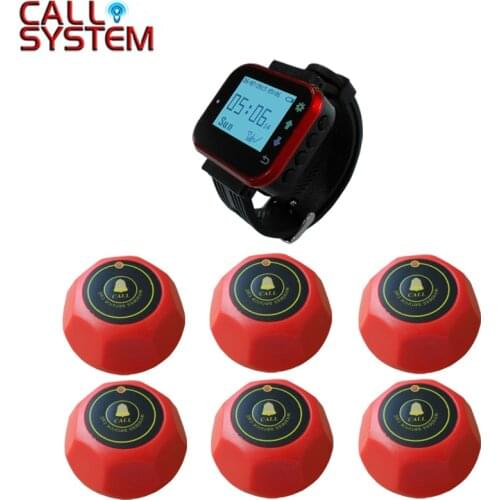 433.92Mhz Wireless Waiter Call Service System Restaurant Pagers Equipment 1 Wrist Hand Receiver 6 Single Calling Button Red