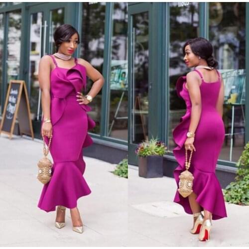 African Spaghetti Prom Dresses Fushia Satin Mermaid Evening Gowns Ruffles Plus Size Mermaid Formal Party Dress