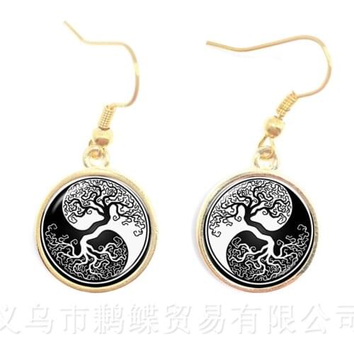 Black And White Yin Yang Earrings 16mm Glass Cabochon Yin Yang Jewelry Tree Of Life Drop Earrings Accessories