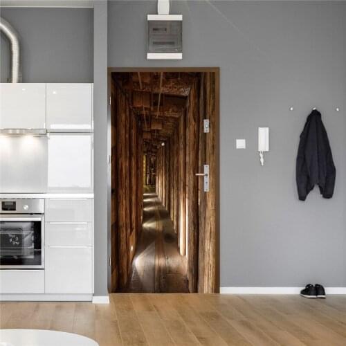 Wooden Posts Corridor Sticker For Door Imitation 3D Waterproof Peel And Stick Door Poster Kitchen Cafe Home Decor Whole Piece