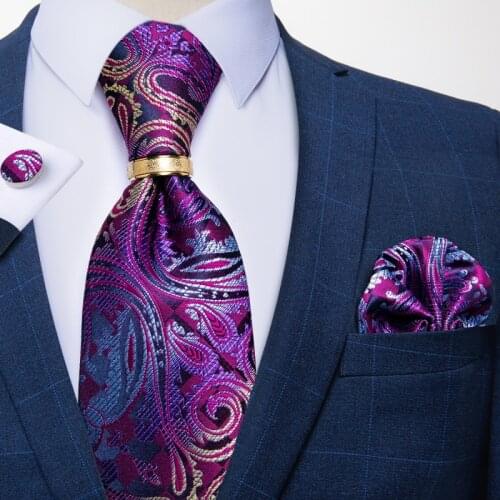 Luxury 8cm Purple Paisley Men Silk Tie Business Wedding Party Tie Hanky Cufflink Tie Ring Set Shirt Accessories Men Gift DiBanGu