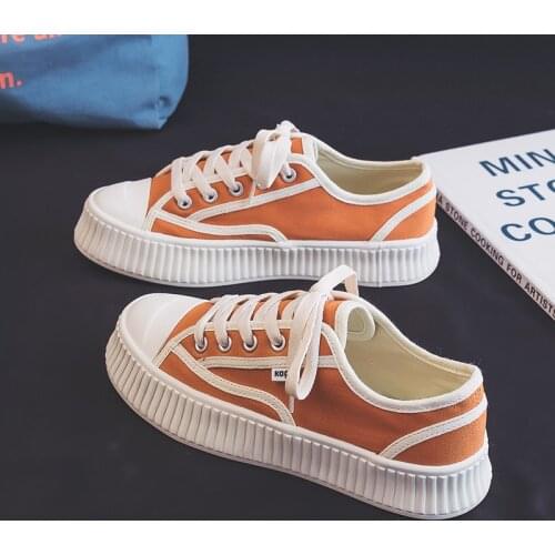 Thick Soled Canvas Shoes Womens 2021 New Summer Student Black Casual Sneakers Orange Gumshoes Girls 35-40 Lace Up Nice Quality