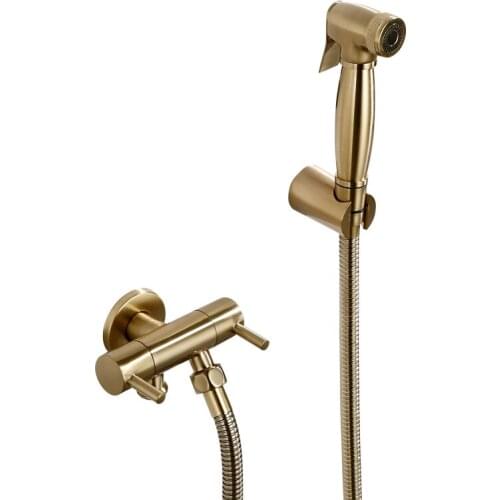 Bidet Faucet Sprayer Solid Brass Brushed Gold Bidet Douche Bathroom Bidet Taps Douchette Wc Toilet Sprayer Water Tap Two Way