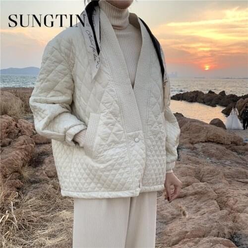 Sungtin Winter V Neck Argyle Jacket Women Casual Thick Warm Padded Parkas High Quality Vintage Elegant Loose Coats Korean Chic