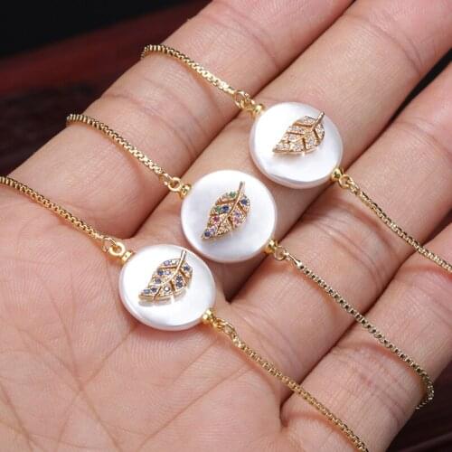 Mix deep blue cz micro paved tiny gold leaf charm on white pearl bead with thin link adjustable bracelets for woman hand jewelry