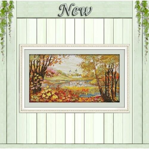 Autumnal scenery pond house diy decor Painting Counted Print on canvas DMC 14CT 11CT Cross Stitch Needlework Kits embroidery Set