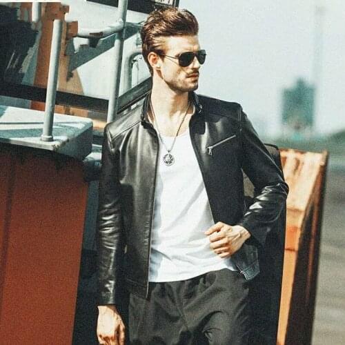 New Genuine Brand Leather Jacket Young Man Cool Outerwear Black Sheepskin Leather Tops Leisure Jacket Autumn Winter Colthing