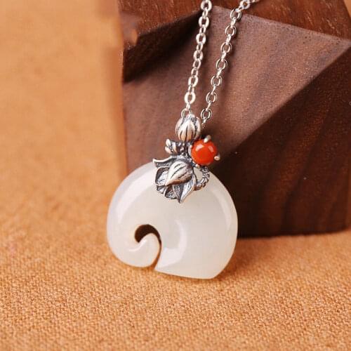 New silver inlaid Hetian white Chalcedony pendant necklace elephant shape fresh lovely retro charm elegant womens brand jewelry