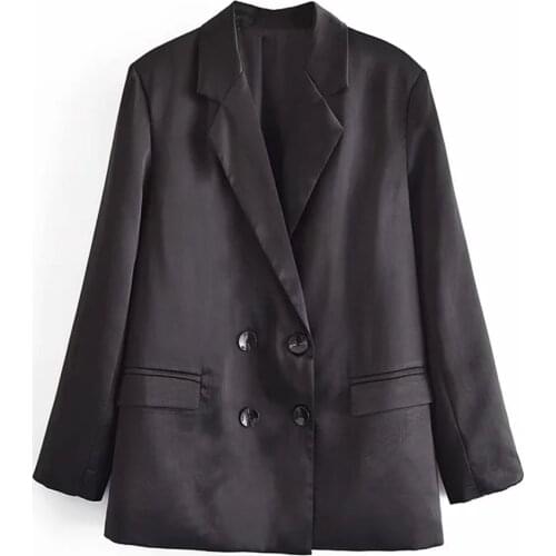 XIKOM 2021 Women Satin Black Long Sleeve Pockets Loose Coat Female Vintage Office Lady Double Breasted Blazer Casual Top