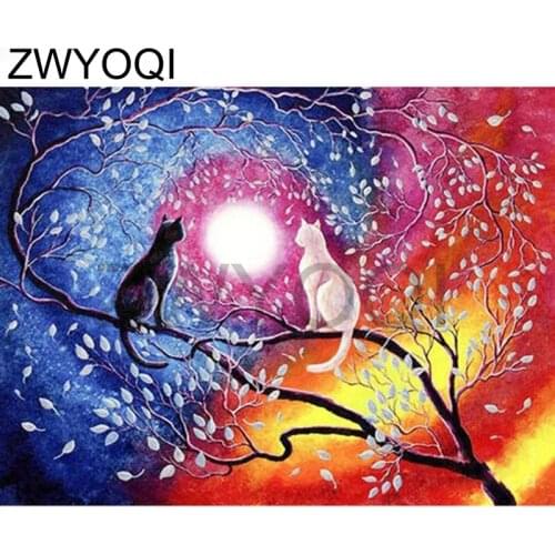 Full Square Diamond mosaic Black cat white cat DIY Diamond painting moon Full Round Diamond embroidery Cross stitch Tree branch