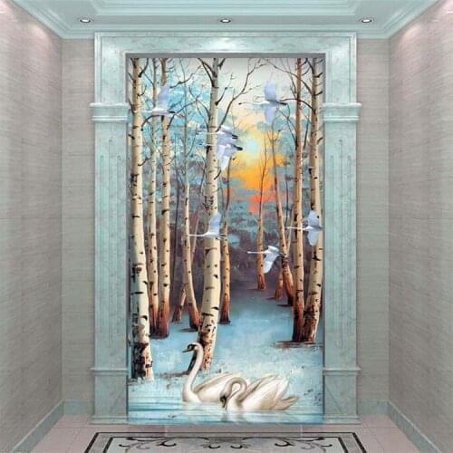 Custom 3D Wallpaper Murals White Birch Forest Tree Swan Oil Painting Lobby Interior Entrance Corridor Wall Decor Mural Wallpaper
