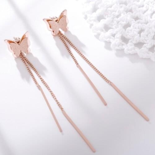 Rose Gold Long Tassel Earrings for Women Fashion Jewelry 316l Stainless Steel Butterfly Stud Earrings