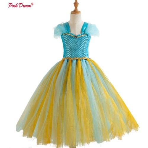 POSH DREAM Christmas Children Dress Cosplay Costume Jasmine Gold Tulle Princess Girl Tutu Dress Role Costume for Baby Girls