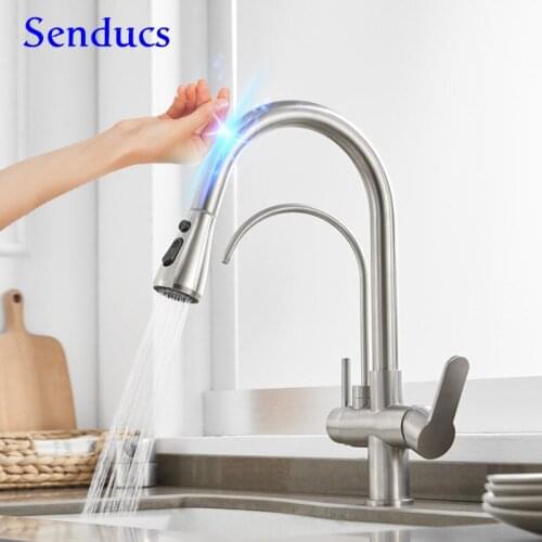 Smart Touch Kitchen Faucets Three Ways Filter Kitchen Mixer Faucets Brushed Nickel Pull Out Kitchen Tap Touch Kitchen Faucet