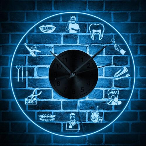 Dentist Tools Tooth Care LED Hanging Wall Clock Dental Practitioner Clinic Stomatological Orthodontics Wall Art Decor Wall Light