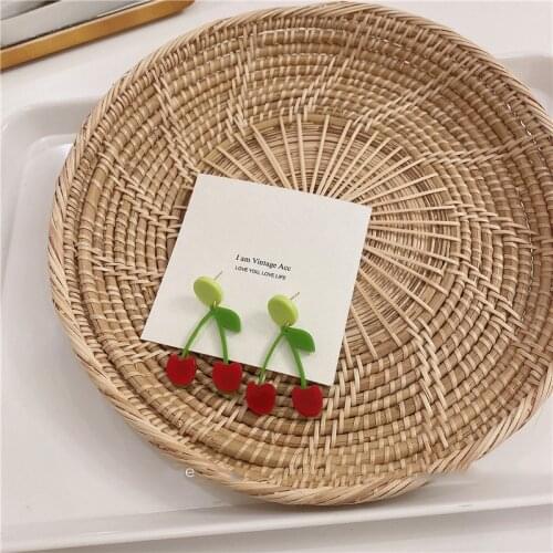 Origin Summer Holiday Cherry Dangle Earring for Women Temperament Arcylic Green Leaf Geometric Earring Jewelry Pendientes