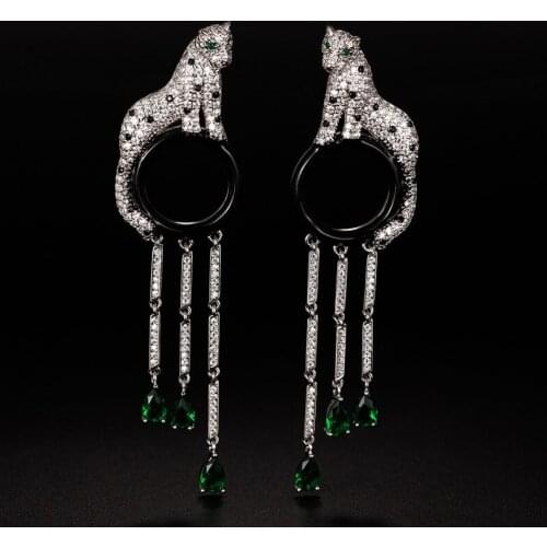 Zlxgirl luruxy Rhodium silver leopard shape Wedding earrings Brand Green Water drop zirconia copper Bridal punk stud earrings