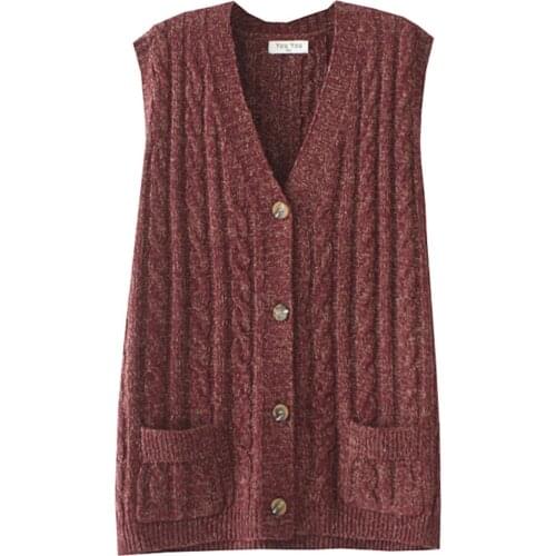 Casual Sweater Vest Women Cardigan Autumn Winter Loose Jumper V Neck Two Pocket Knitwear Female Twist Plus Size Tops XXL/4XL