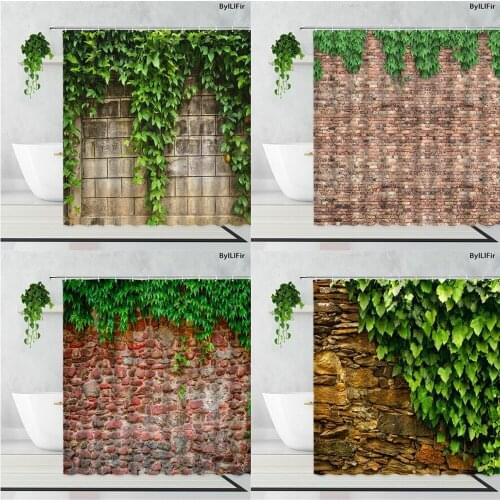 Vintage Stone Wall Green Leaves Ivy Shower Curtains Home Decor Background Hanging Cloth Bathroom Bath Curtain Fabric With Hooks