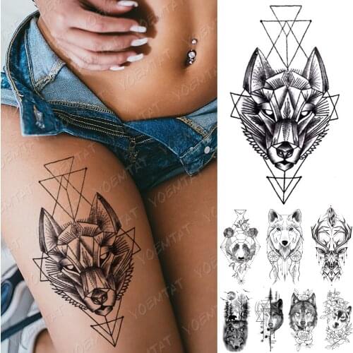 Waterproof Temporary Tattoo Sticker Line Geometry Fox Panda Wolf Tattoos Deer Flowers Body Art Arm Fake Sleeve Tatoo Women Men